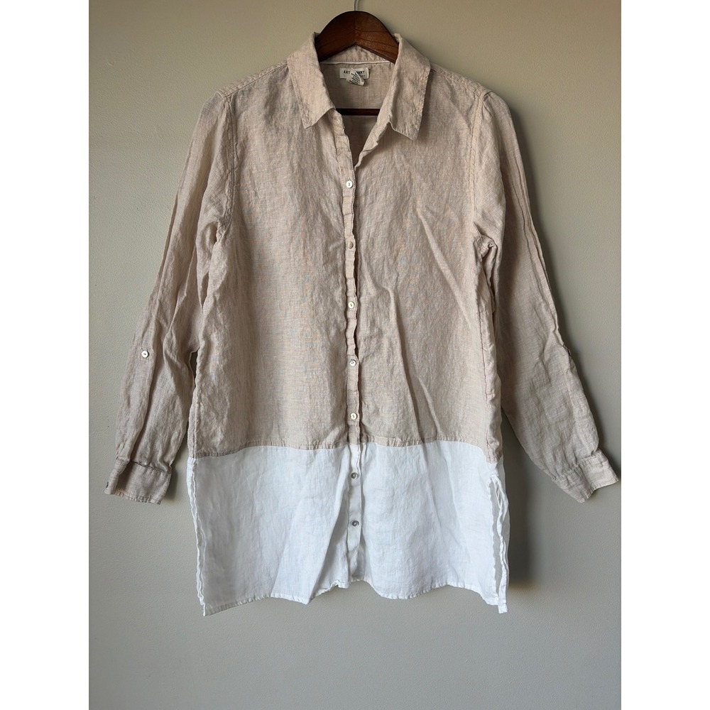 Artisan NY 100% Linen Colorblock Button Down Tunic Tan White Large